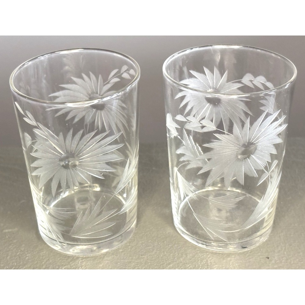 Vtg Set of 2 Floral Etched Daisy Sunflower Juice Glass Tumblers 3.25" Clear 6 oz